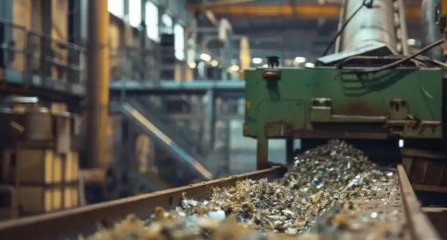 A close-up of a depackaging machine in a recycling facility, captured with a wide-angle lens