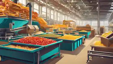 An illustration of a recycling facility separating assorted food packaging using intricate machinery.
