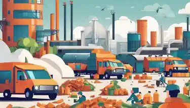 A pile of biodegradable packaging in front of a bustling recycling plant in an urban setting.